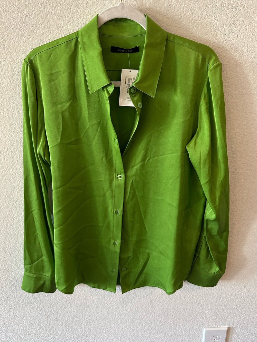 NWT Elyse Walker Summer Silk Blouse Women's Bright Green Button-Down Silk Blouse
